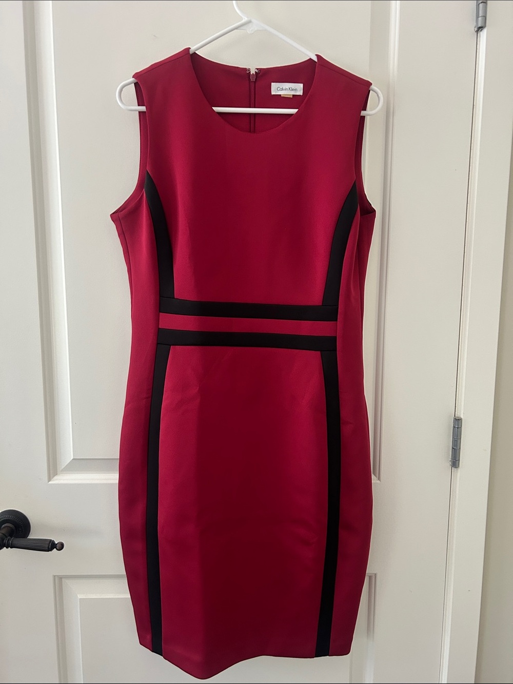 Calvin Klein Wine-Red Midi Sheath Dress with Black Trim